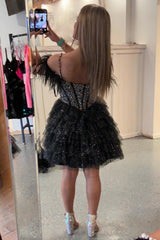 Sparkly Black Beaded Corset Ruffled Short Homecoming Dress/Mini Dress With Feathers