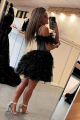 Sparkly Black Beaded Corset Ruffled Short Homecoming Dress/Mini Dress With Feathers