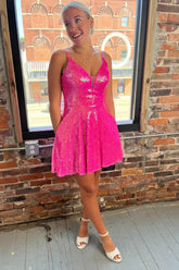 Sparkly Fuchsia Sequins A Line Short Homecoming Dress/Mini Dress