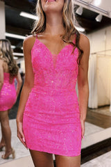 Sparkly Fuchsia Lace Sequins Tight Short Homecoming Dress/Mini Dress with Feathers