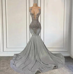 Silver Halter Mermaid Sleeveless Long Evening Dress With Beadings
