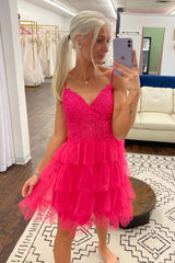 Fuchsia A Line Tiered Corset Short Homecoming Dress/Mini Dress With Appliques