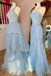 Enchanting Blue Mermaid Prom Dress with Halter Neck and Appliques