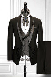 Modern Stitching Double-Breasted Waistcoat Black Three-Piece Men's Suit with Shawl Lapel