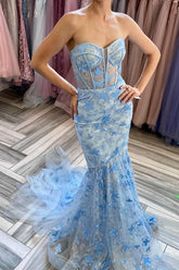 Elegant Blue Mermaid Sweetheart Corset Prom Dress Featuring Embroidery