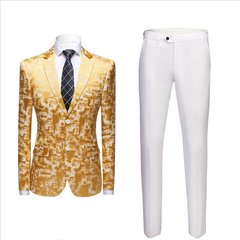 Handsome Bright Gold Notched Lapel with Printed Western Suits for Wedding