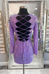Sparkly Light Purple Sequins Tight Short Homecoming Dress/Mini Dress With Long Sleeves