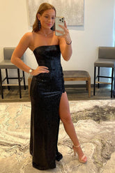 Black Strapless Prom Dress with Sequins and a Slit