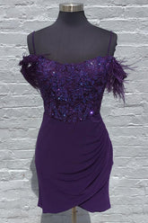 Sparkly Grape Sequins Spaghetti Straps Short Homecoming Dress/Mini Dress With Feathers