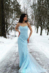 Long Blue Prom Dress with Mermaid Spaghetti Straps and Backless Design