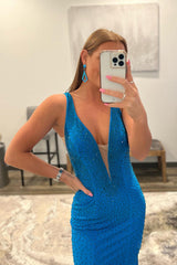 Mermaid Prom Dress in Blue with Beading and Deep V-neck