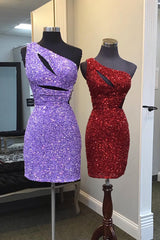 Sparkly Purple One Shoulder Cut Out Sequins Tight Short Homecoming Dress/Mini Dress