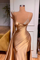 Long Sleeves Mermaid Spaghetti-Straps Split Evening Dress Beadings With Ruffles