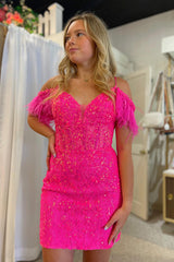 Sparkly Fuchsia Sequin Lace Tight Short Homecoming Dress/Mini Dress with Feathers