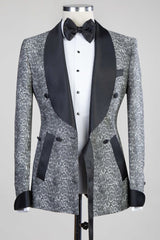 Khalil Gray Black Lapel Jacquard Wedding Men's Suits with Double-Breasted