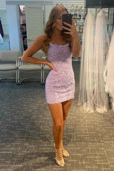 Spaghetti Straps Purple Tight Short Homecoming Dress/Mini Dress with Appliques