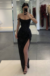 Black Sequined Long Prom Dress with Front Split and Off-the-Shoulder Sheath