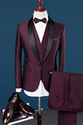 Formal Slim Fit Burgundy Three-Piece Shawl Lapel Groomsmen Suit
