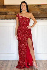 Long Red Prom Dress with One Shoulder and Sequins