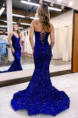 Royal Blue Sequined Mermaid Prom Dress with Spaghetti Straps and Sweep Train