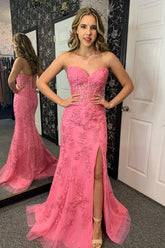 Long Corset Prom Dress in Pink Sweetheart Mermaid Style with Tulle and Appliques