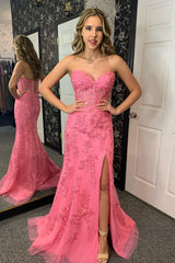 Long Corset Prom Dress in Pink Sweetheart Mermaid Style with Tulle and Appliques