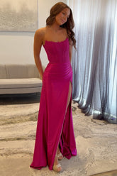 Long Satin Mermaid Prom Dress in Fuchsia with Strapless Corset and Slit