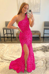 Fuchsia Sequined Mermaid Prom Dress with One Shoulder and Slit