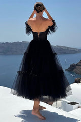 Black A-Line Corset Ruffled Tulle Homecoming Dress/Mini Dress