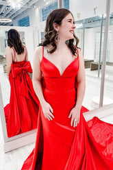Prom Dress in Red Satin Featuring Spaghetti Straps and a Bow