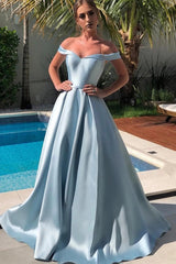 Long Blue Prom Dress with Off-the-Shoulder A-Line Design