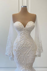 Elegant Sweetheart Long Sleeves Mermaid Tulle Lace Wedding Dresses with Train