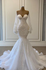Elegant Sweetheart Long Sleeves Mermaid Tulle Lace Wedding Dresses with Train