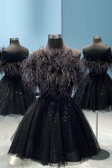 Black A-Line Strapless Homecoming Dress/Mini Dress with Feathers