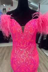 Sparkling Mermaid Off-Shoulder Long Prom Dress in Hot Pink/Blue with Feather Accents