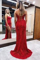Prom Dress with Red Spaghetti Straps and Appliques Featuring a Slit