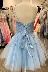 Blue Spaghetti Straps Homecoming Dress/Mini Dress With Appliques