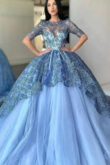 Gorgeous Jewel Ball Gown Lace Evening Dress Half Sleeves With Tulle Appliques