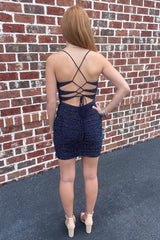 Sparkly Navy Sequined Lace-Up Back Tight Short Homecoming Dress/Mini Dress