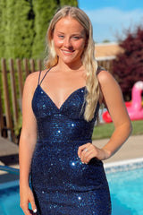 Navy Sequins Backless Tight Homecoming Dress/Mini Dress