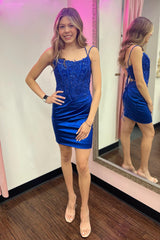 Glitter Navy Corset Spaghetti Straps Tight Short Homecoming Dress/Mini Dress with Lace