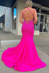 Fuchsia Long Prom Dress with Mermaid Spaghetti Straps and Sweep Train