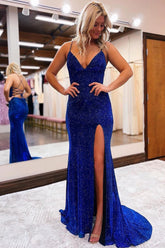 Long Blue Sequined Prom Dress with Spaghetti Straps and a Slit