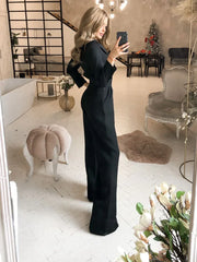 Graceful V-Neck Long Sleeves Black Jump Suit