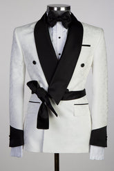Miael Cuthbert Fashion White Jacquard Wedding Men's Suits with Double-Breasted Shawl Lapel