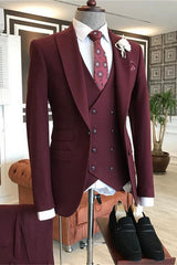 New Arrival Fashion Burgundy Peaked Lapel Three-Piece Groom Prom Suit