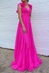 Fuchsia Long A-Line Prom Dress with 3D Flowers and V-Neck
