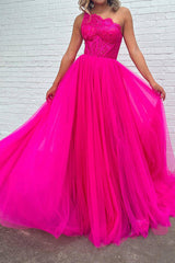 Fuchsia One-Shoulder A-Line Prom Corset Dress with Front Split