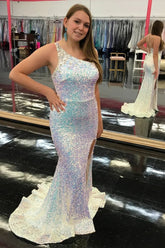 Light Blue Sequined Mermaid Prom Dress with Silt and One Shoulder