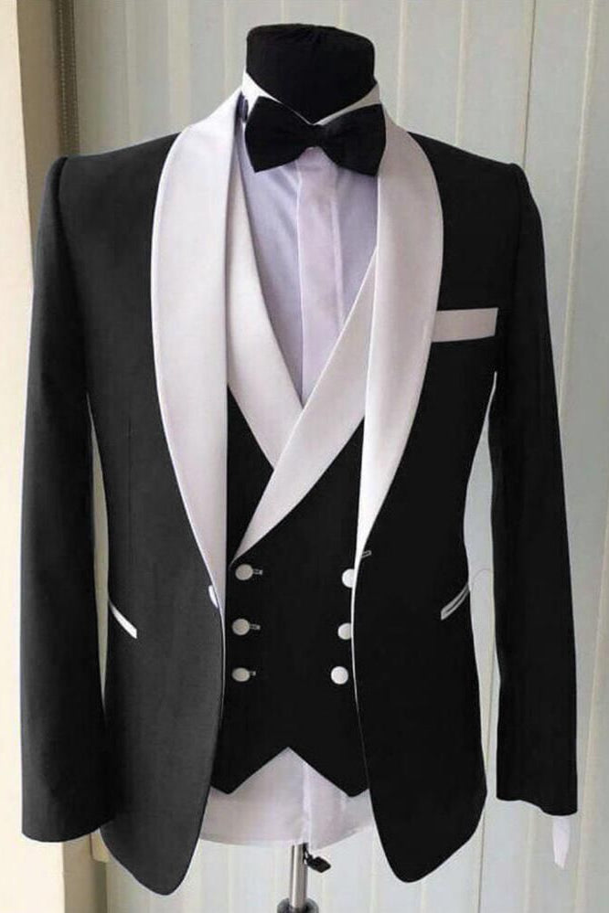 Fashion Black Three-Piece Wedding Suit for Men with White Shawl Lapel